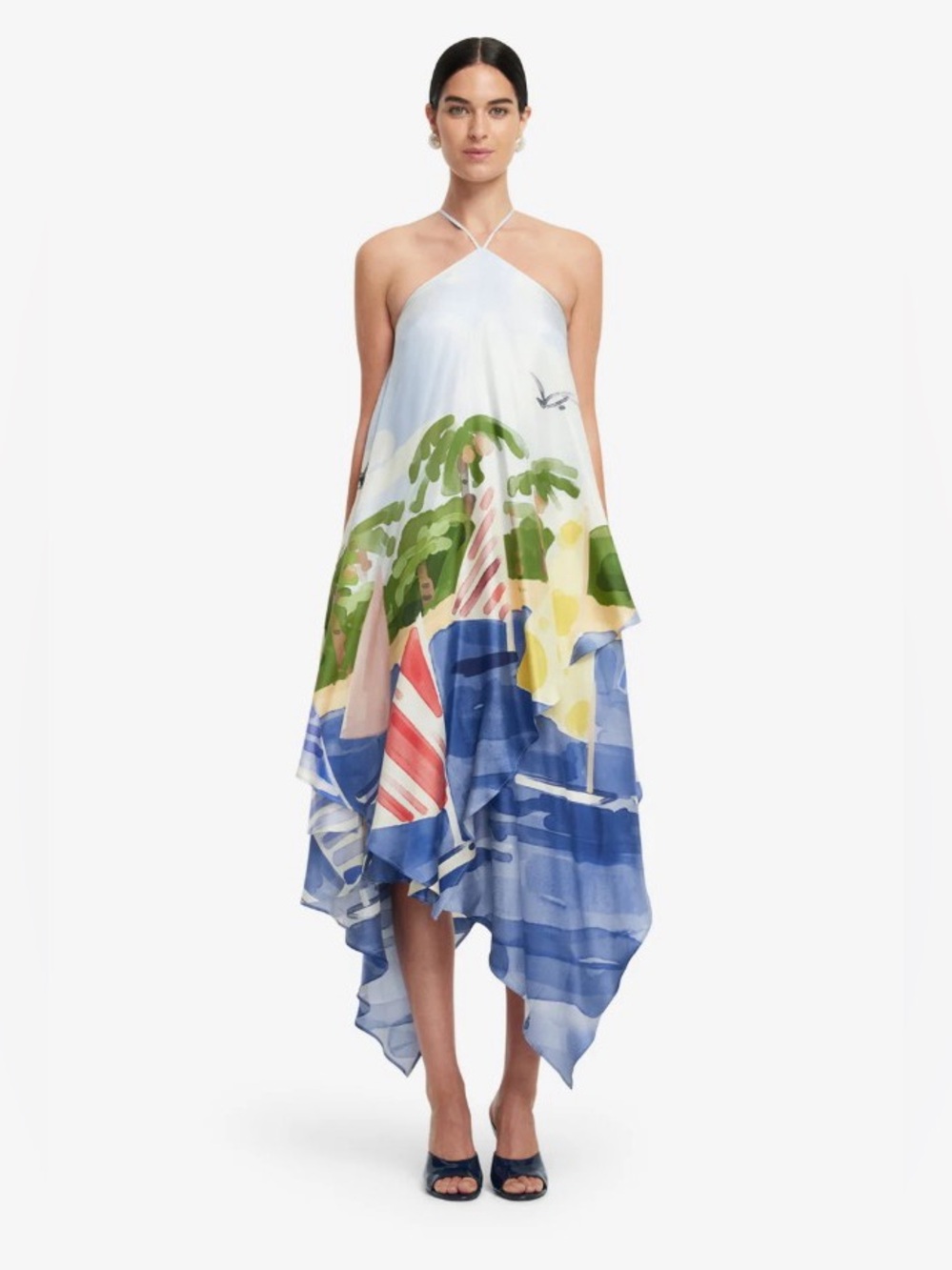 LEO LIN SALLY 100% Silk Nautical Print Halter Handkerchief Dress AU8/US4 NWOT